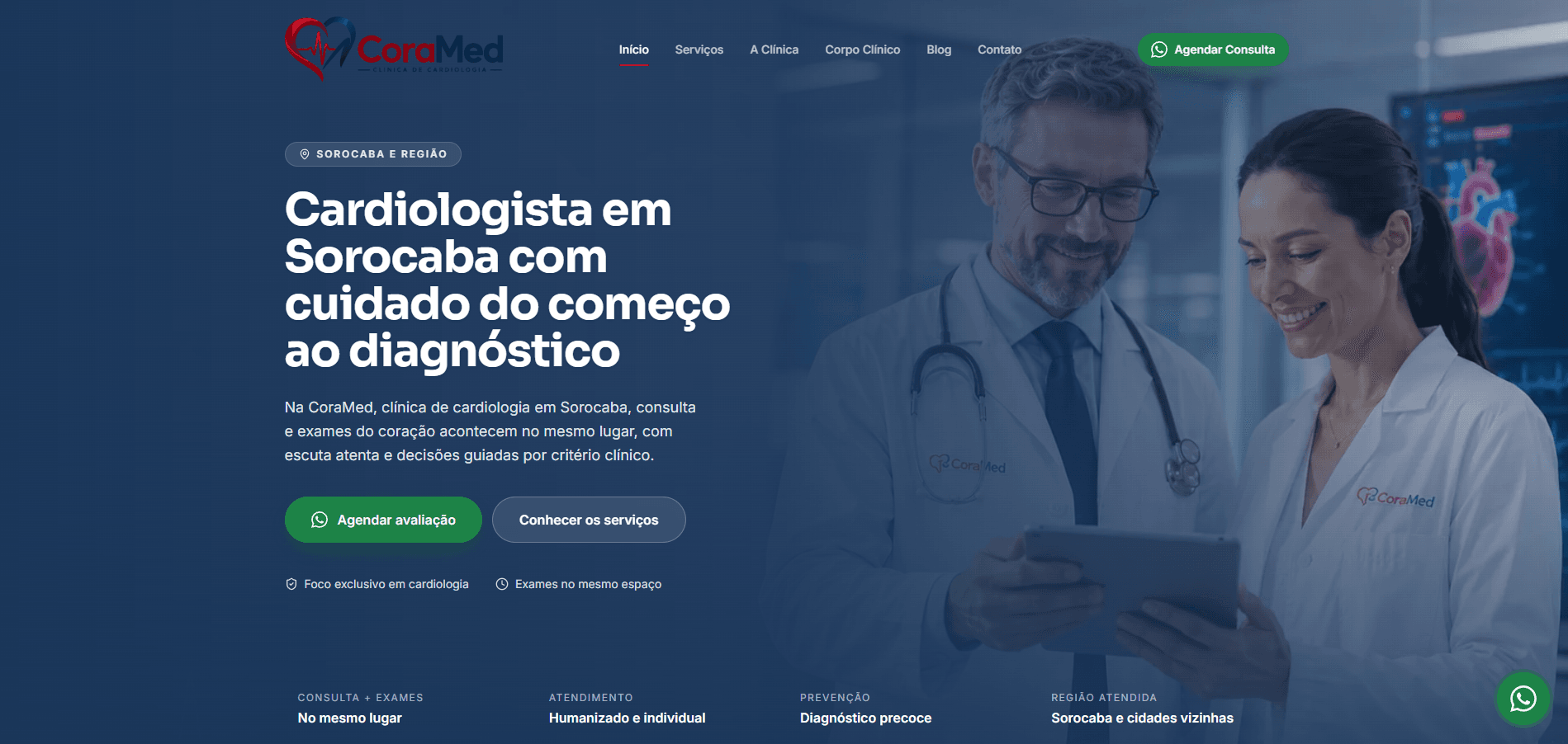 Site da CoraMed, clínica de cardiologia em Sorocaba, desenvolvido pela Fluxix