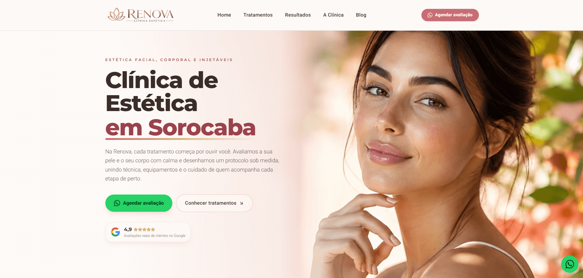 Site da Renova, clínica de estética em Sorocaba, desenvolvido pela Fluxix