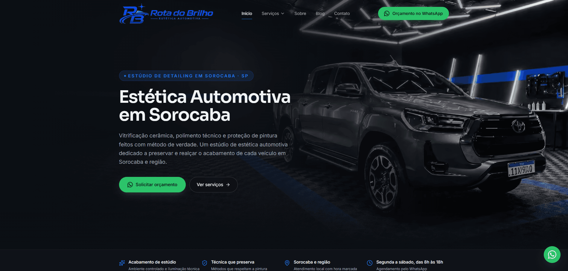 Site da Rota do Brilho, estúdio de estética automotiva em Sorocaba, desenvolvido pela Fluxix
