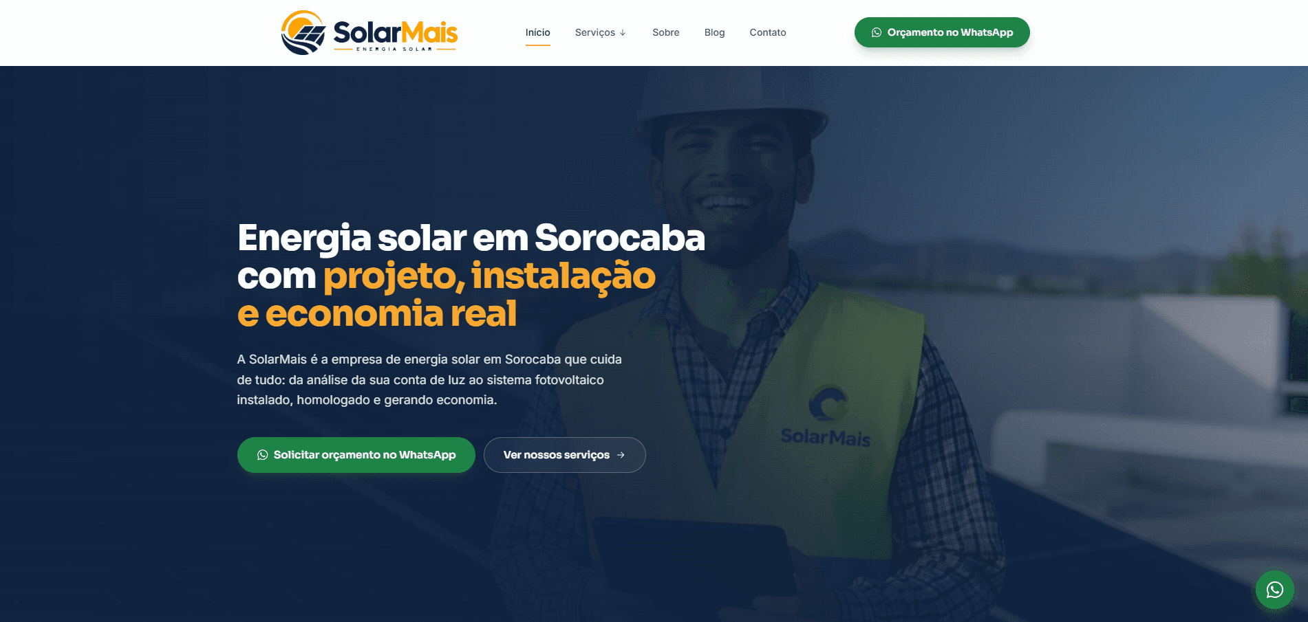 Site da SolarMais, empresa de energia solar em Sorocaba, desenvolvido pela Fluxix