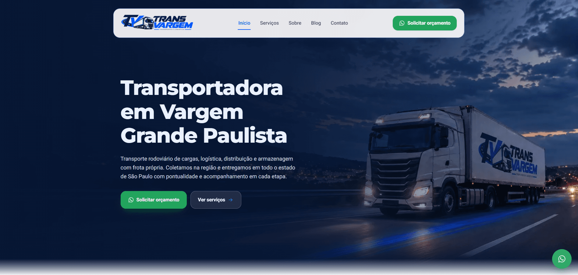 Site da TransVargem, transportadora em Vargem Grande Paulista, desenvolvido pela Fluxix